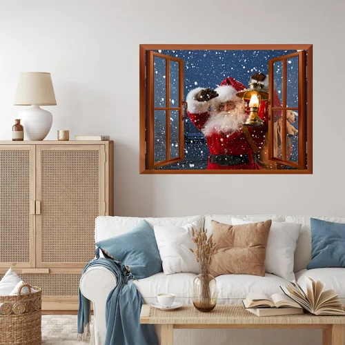 Vista 3 de wall26 Adhesivo de pared extraíble/mural de pared – Papá Noel llevando regalos fuera de la ventana en Nochebuena, vista creativa de ventana