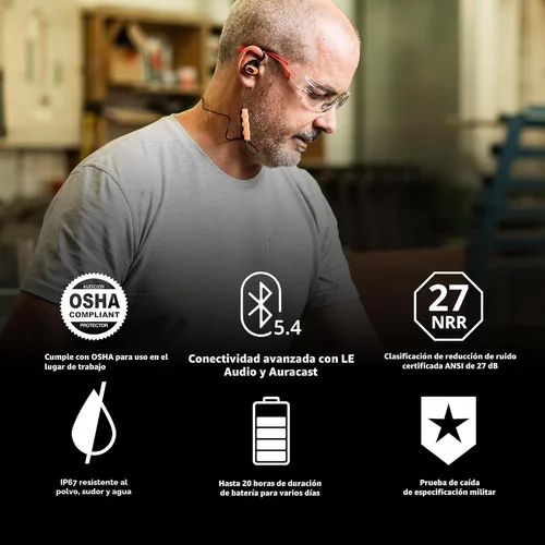 Vista 4 de Protección auditiva Bluetooth ISOtunes Pro 3.0, auriculares de trabajo compatibles con OSHA 20-hour battery, 27 dB NRR, earplug headphones