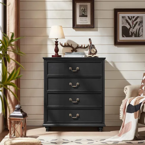 Vista 7 de Joaxswe Cómoda rústica de 4 cajones para dormitorio, cómoda rústica de 37 pulgadas de alto con 4 pies de madera maciza, organizador de armario