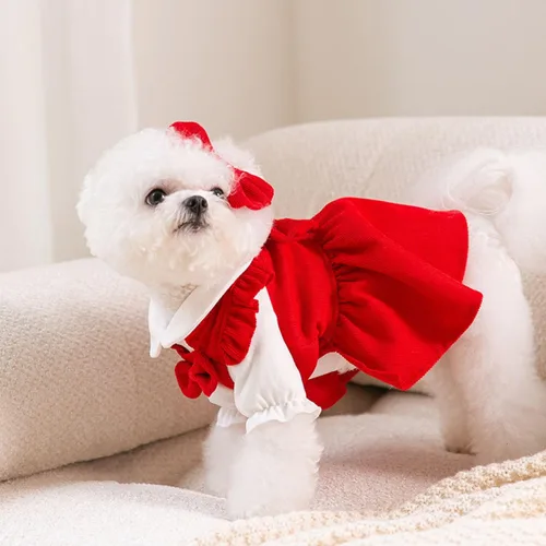 Vista 5 de Suéter Vestido de Pana Roja para Perros Pequeños Hembra Conjunto Vestido de Invierno para Perros Ropa de Cachorro Navidad