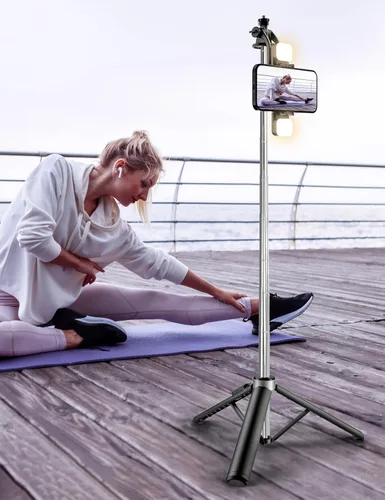 Vista 8 de Trípode para selfie stick de 53 pulgadas con luz, palo selfie extensible con control remoto, soporte de trípode portátil para teléfono celular