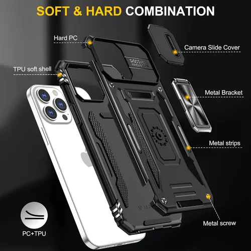 Vista 7 de Funda para iPhone 13 Pro con función atril con cubierta para cámara, protección de grado militar, soporte de anillo de metal, funda parachoques