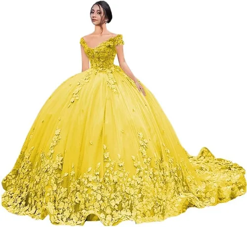 Vista 6 de Mouccy Lujo fuera del hombro vestidos de quinceañera vestido de bola hinchado largo vestidos de baile con tren tul dulce 15 16 vestidos XXF035