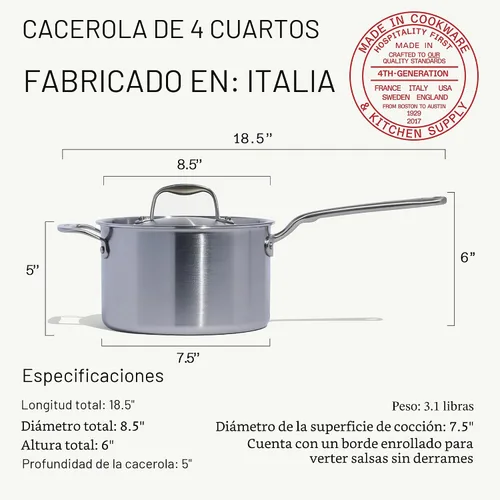 Vista 3 de Made In Utensilios de cocina – Cacerola de acero inoxidable de 4 cuartos con tapa – Cacerola recubierta de acero inoxidable de 5 capas – Utensilios