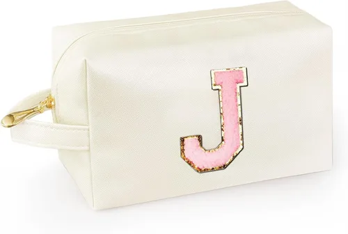 Vista 43 de Bolsa de maquillaje personalizada con inicial con asa, bolsa de cosméticos de preparación con bolsillo interior con cremallera, 8, 9, 10, 11, 12 Rosa