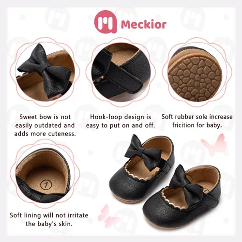 Vista 5 de Meckior - Zapatos bajos y livianos para bebés, estilo Mary Jane, con suela suave y lazo decorativo, para vestidos de princesa o bodas, para niñas