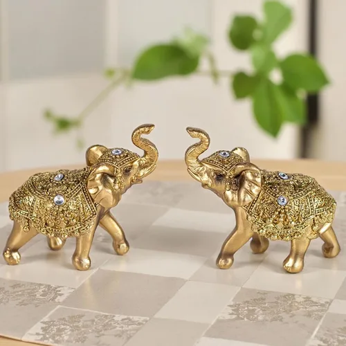 Vista 7 de 2 figuras de elefante dorado de 3.9 pulgadas, decoración de mesa de Feng Shui, regalo Golden glossy finish,stable base,inlaid crystal,compact