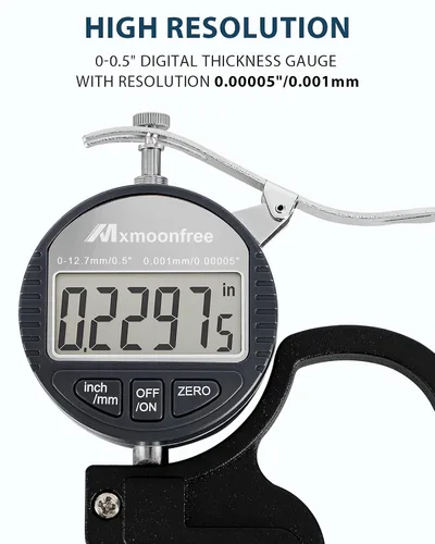 Vista 2 de Medidor de espesor digital Mxmoonfree 0.000-0.500 in/0.5inch 0.000 in de alta resolución Micrometer flat contact plates, 28mm throat depth