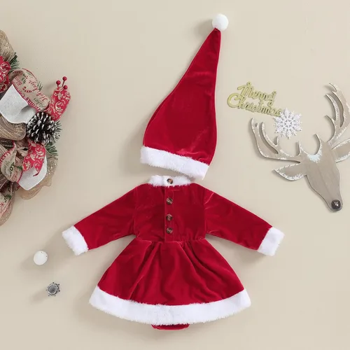 Vista 3 de Mameluco de Navidad para bebé recién nacida, vestido de terciopelo rojo, 2 piezas, ropa de Navidad para bebé
