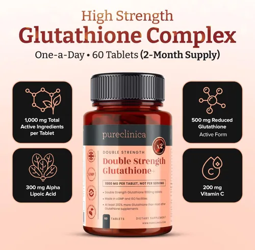 Vista 3 de pureclinica Glutatión 1000mg – 120 tabletas (2 x 60) Alta resistencia con 500 mg de glutatión, 300 mg de ALA, 200 mg de vitamina C Apoyo
