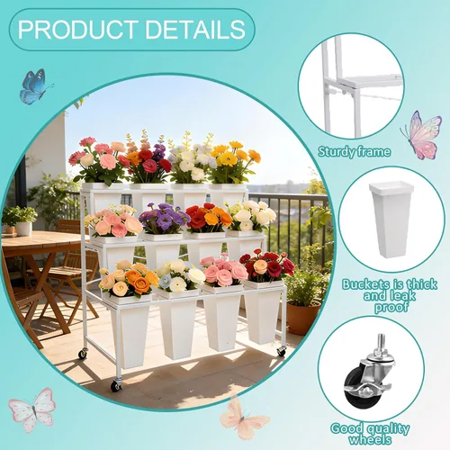 Vista 4 de Soporte de exhibición de flores de 3 niveles, soporte móvil de metal para plantas con 12 cubos, carrito de flores con ruedas, adecuado