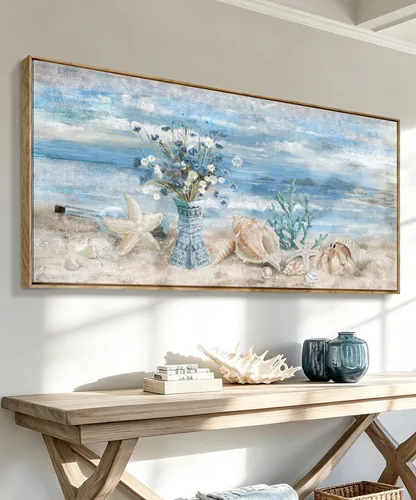 Vista 10 de Arte de pared para decoración de baño, imagen de playa azul, tema oceánico, impresión en lienzo de flores, pintura moderna de paisaje marino