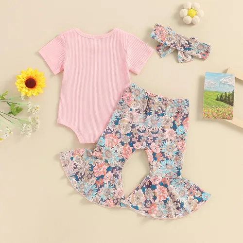 Vista 53 de Sejardin Ropa de verano para bebé y niña, recién nacida, manga corta, con letras, mameluco elástico con diadema