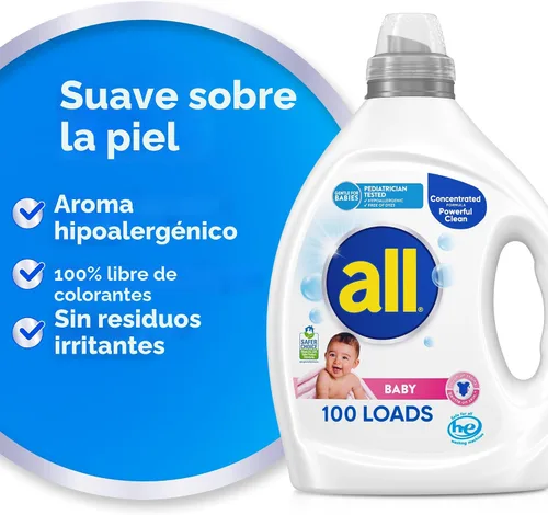 Vista 4 de all Baby, Detergente líquido para ropa de bebé, suave para bebé, hipoalergénico para pieles sensibles, concentrado, 75 onzas, 100 cargas