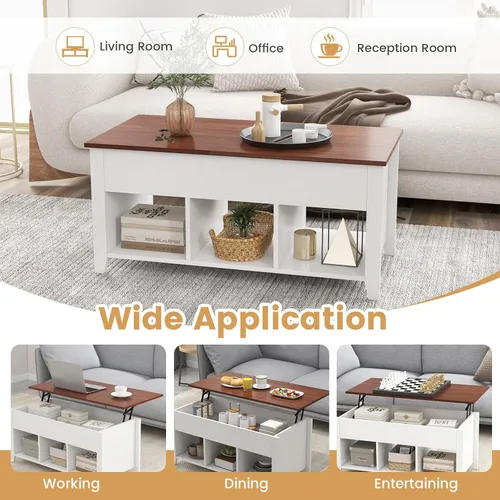 Vista 5 de Mesa auxiliar elevable, mesa de té moderna 2 en 1 con compartimento de almacenamiento oculto y 3 estantes de almacenamiento abiertos, mesa central
