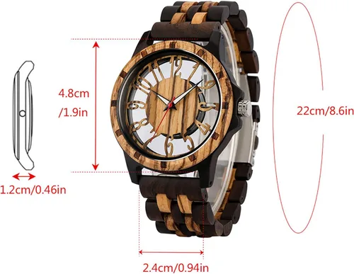 Vista 7 de Brown Deep Black Ebony Zebra Reloj de cuarzo de madera para hombre, correa de madera con cierre plegable para hombres