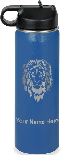 Vista 25 de LaserGram Botella de agua personalizada, cabeza de león, acero inoxidable de doble pared aislada al vacío con popote superior, regalo grabado