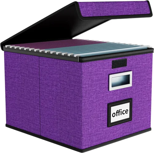 Vista 52 de Caja organizadora de archivos Huolewa con tapa, caja organizadora de carpetas de archivos colgantes de cuero sintético plegable con deslizadores
