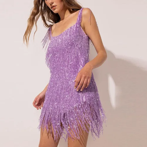 Vista 6 de TWGONE Vestido de lentejuelas para mujer, vestido de fiesta con flecos, tirantes delgados, entallado, sexy, para club, noche, fiesta, baile