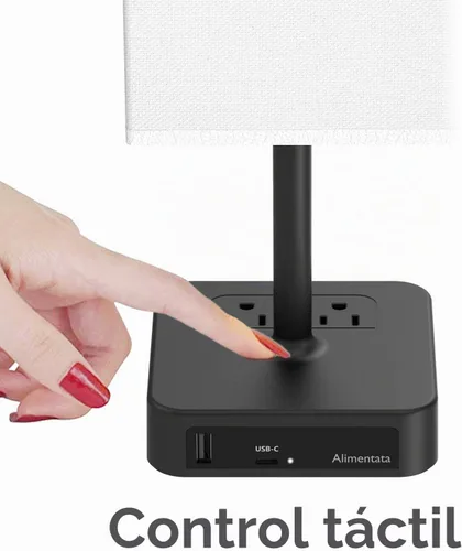 Vista 2 de Lámpara de mesa de noche con control táctil y puertos de carga USB C+A, lámpara de escritorio LED con 2 salidas de CA, luz minimalista para mesita