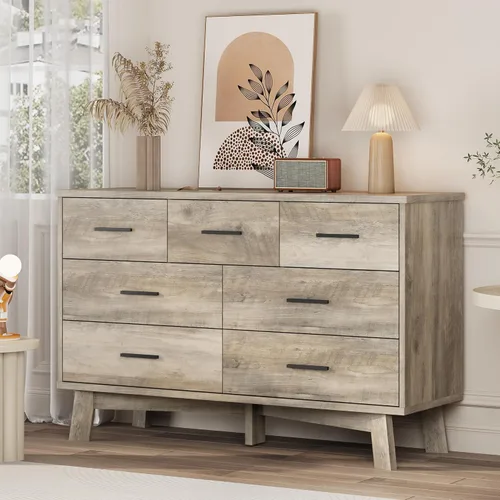Vista 16 de Xixini Cómoda para dormitorio, cómoda moderna de 6 cajones con base resistente en forma de X, organizador de almacenamiento de ropa doble de madera