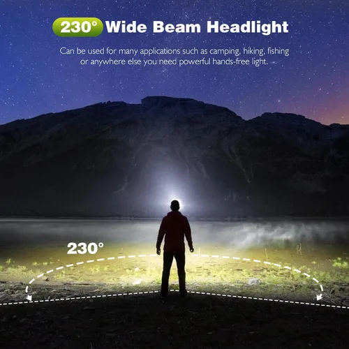 Vista 4 de Linterna frontal LED, paquete de 2 faros recargables con haz de 230° de ancho, sensor de movimiento, 5 modos, linterna ligera a prueba de sudor