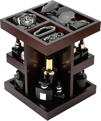 Vista 8 de EXIN DECHEN - Organizador de colonia para hombres, soporte de colonia, estante de perfume de madera de 3 niveles con rotación, organizador