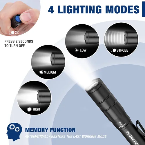 Vista 4 de WORKPRO Luz recargable para bolígrafo, mini linterna, paquete de 2 linternas EDC ultracompactas, linterna de bolsillo con clip, función de memoria