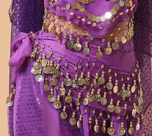 Vista 4 de WAYDA Bufanda de cadera para Danza del Vientre, bufanda de danza del vientre para mujer, con 128 monedas color Oro, faldas para danza del vientre