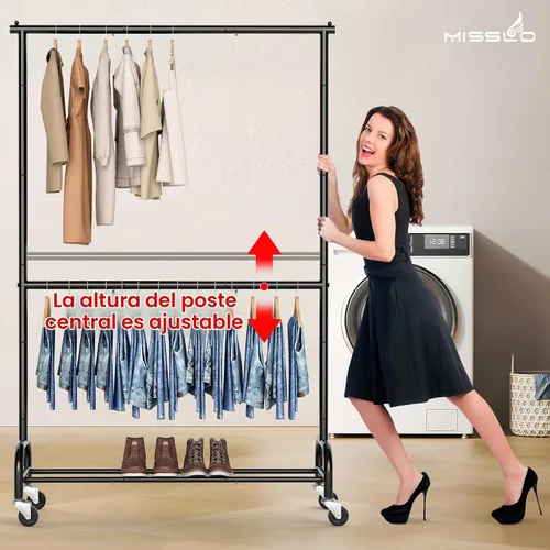 Vista 6 de MISSLO Perchero resistente para ropa con doble varilla para colgar, estante de ropa enrollable, armario de closet con ruedas, metal, ajustable, negro
