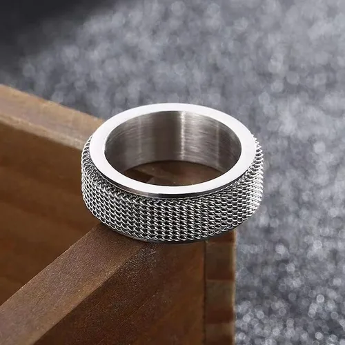 Vista 3 de HUARJO Anillo giratorio para hombres y mujeres, anillo de acero dorado y titanio negro, malla tejida personalizada, tamaño 5-12