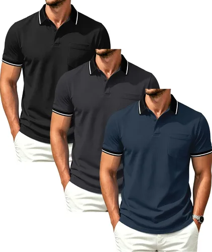 Vista 8 de GEEK LIGHTING Paquete de 3 camisas polo de manga corta con bolsillo para Negro Gris Armygreen