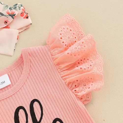 Vista 4 de Ropa de verano para bebé niña, traje de recién nacido, mameluco acanalado, mameluco floral, pantalones cortos con diadema para recién nacida