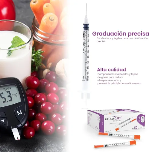 Vista 3 de GLUCO-CARE - Jeringas de 1ml/cc, 31G x 5/16’’ (8mm), con tapa naranja, caja de 50 piezas