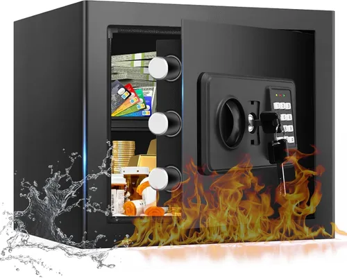 Vista 12 de Cajas fuertes pequeñas para uso doméstico, caja de seguridad digital con cerradura de combinación, llaves de repuesto y estante extraíble, caja