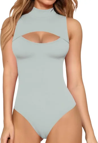 Vista 26 de MANGOPOP - Body de cuello alto con recorte frontal para mujer, manga larga, sin mangas, cuello de tortuga, trajes sexys 01 Manga larga negra