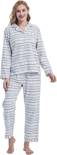 Vista 7 de CHUNG Conjunto de pijama de franela para mujer, tops con botones de algodón cepillado, pantalones S-XL, ropa de dormir, ropa de descanso, acogedora