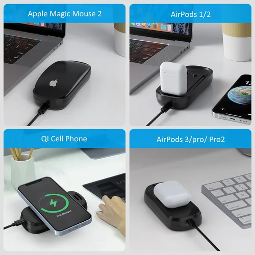 Vista 13 de HONKID Estación de carga inalámbrica para Magic Mouse 2, teléfono móvil QI y AirPods, carga de doble cara, base de carga inalámbrica 3 en 1, cable