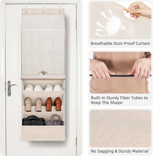 Vista 5 de STORAGE MANIAC Organizador de zapatos para colgar sobre la puerta con cortina, resistente al polvo, organizador de zapatos grande y profundo