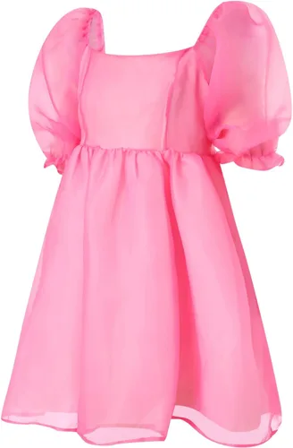 Vista 3 de Doisbetthsay Vestido de fiesta de organza con mangas abombadas y cuello cuadrado para mujer, mini vestido de malla de talle alto
