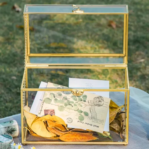 Vista 7 de NCYP Caja de tarjetas de vidrio dorada con tapa para recepción de boda, 9.8 x 5.6 x 7.7 pulgadas, caja de almacenamiento decorativa rectangular