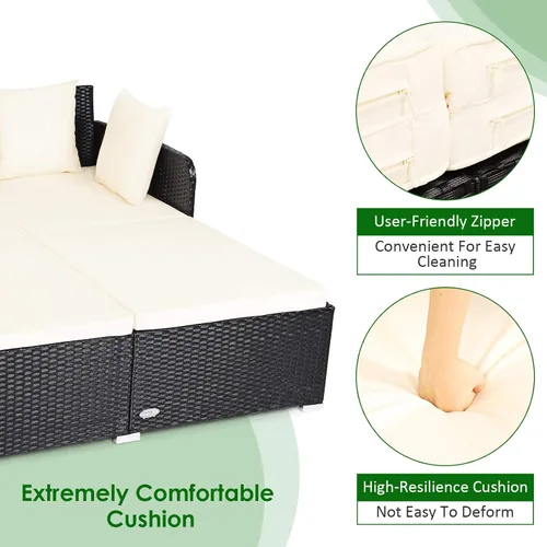Vista 8 de COSTWAY Sofá Cama de Ratán para Patio Exterior, Sofá de Dos Plazas con Cojines de Esponja y 4 Almohadas, Muebles de Mimbre Cama Solar para Balcón