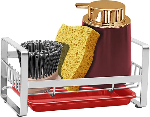 Vista 9 de Soporte de esponja de cocina para fregadero, organizador de fregadero de cocina, escurridor de bandeja de fregadero, trapos de platos, cepillo