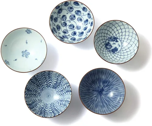 Vista 2 de ese Pottery Set – Cuencos de arroz tradicionales – Cuencos asiáticos azules y blancos – Pintados a mano – Cerámica premium – Juego de 5 cuencos