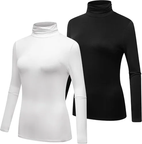 Vista 2 de Formeet17 Paquete de 2 camisetas de manga larga con cuello alto para mujer, básicas, elásticas, cómodas, de cuello alto