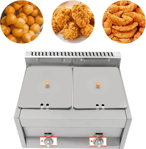 Vista 9 de Freidora comercial, freidora de acero inoxidable de doble tanque, freidora de gran capacidad de 12L, freidora con control de interruptor