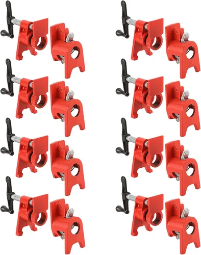 Vista 7 de Juego de abrazaderas para tuberías de madera de 3/4" con diseño de pie único rojo. Abrazaderas de barra resistentes de hierro fundido de liberación