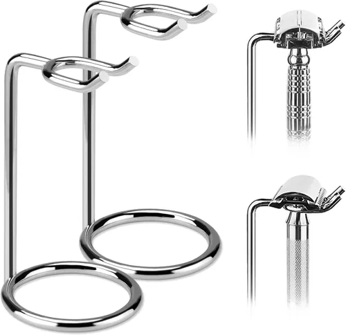 Vista 10 de Linkidea Paquete de 2 soportes para maquinilla de afeitar de seguridad de acero inoxidable, soporte de afeitado de viaje, compatible con Gillette
