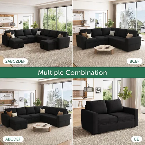 Vista 5 de HONBAY Sofá cama modular seccional, sofá modular de terciopelo con cama extraíble, sofá modular en forma de U con otomana de almacenamiento