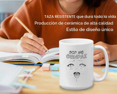 Vista 3 de Taza de café blanca de anime de 15 oz - Sip Me Senpai - Haentai Weaboo